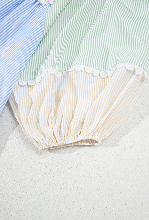 Multicolour Striped Patchwork Ric Rac Puff Sleeve Collared Mini Dress